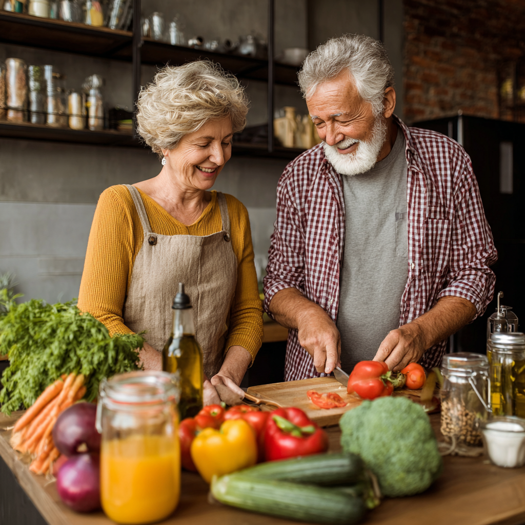 Smiling elderly European woman planning her healthy meal in a bright kitchen, looking confident and energetic while reviewing nutrition materials