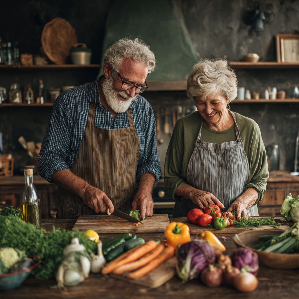 Content elderly European man preparing a balanced meal with fresh vegetables and proteins, demonstrating healthy lifestyle choices in a modern kitchen