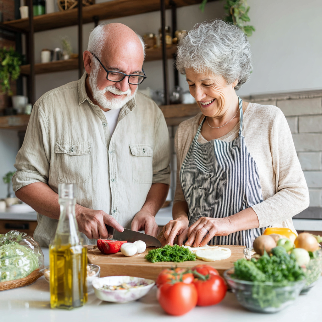 Relaxed elderly European couple enjoying a peaceful meal together at a well-set table with healthy food, demonstrating mindful eating practices